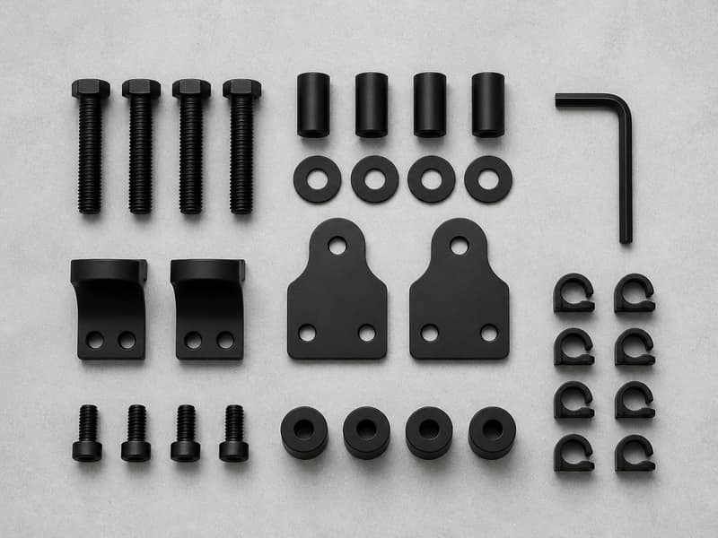 Mounting accessories including cable channels, spacers, and hardware laid out flat