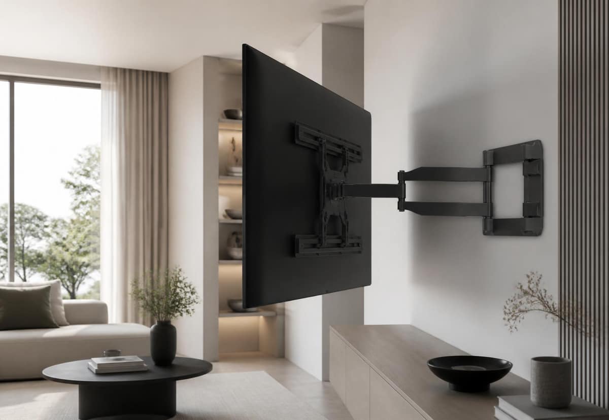 Full motion television mount articulated away from a plaster wall in a minimalist living room
