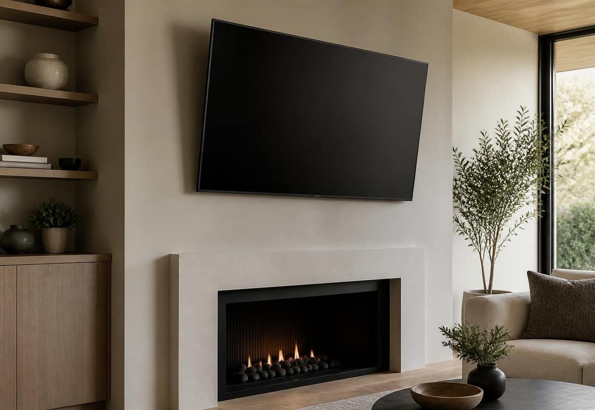 Tilt television mount angling a wall-mounted screen downward above a fireplace