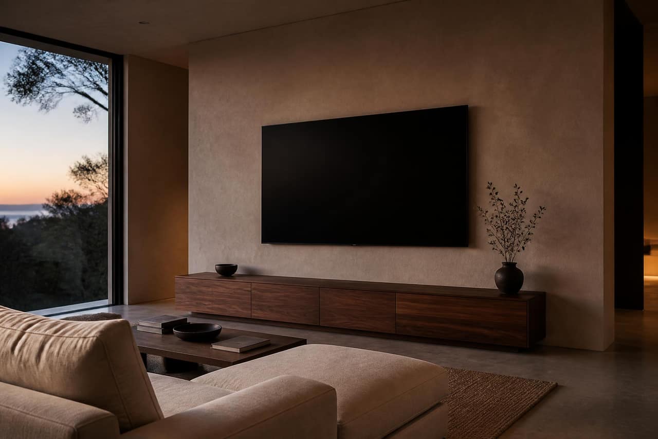Minimalist architectural living room at dusk with a large flat-screen television mounted flush against a warm plaster wall