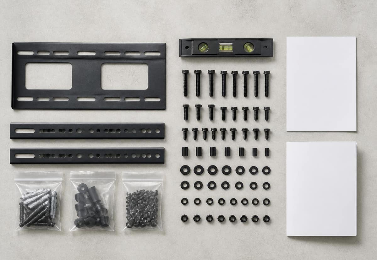 Overhead view of an organized mounting kit: brackets, sorted bolts and washers, a bubble level, template, and manual