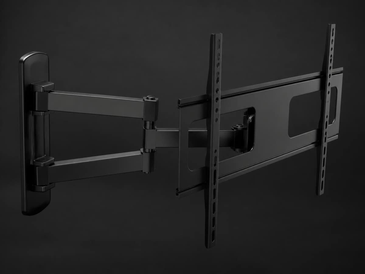 Articulated matte black steel television mount arm under studio lighting
